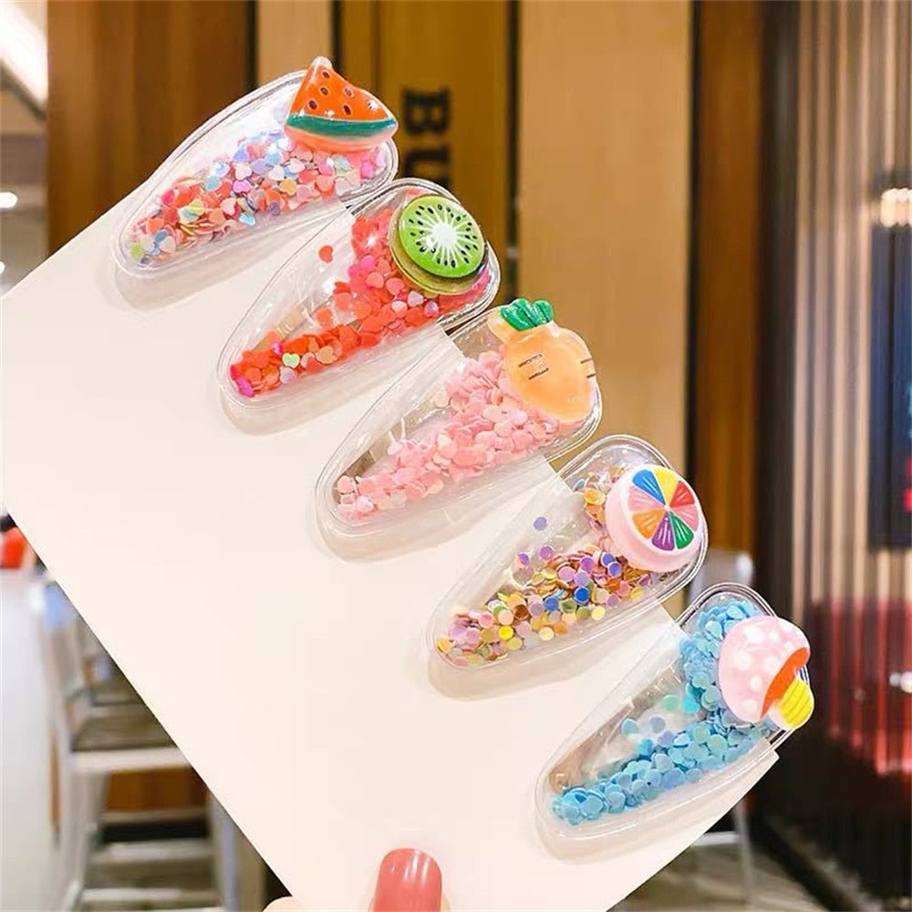 5pcs/Set Cute Fruit Quicksand Sequins Snap BB Clips Children Cartoon Rainbow Animal Bangs Hairpin Side Barrettes