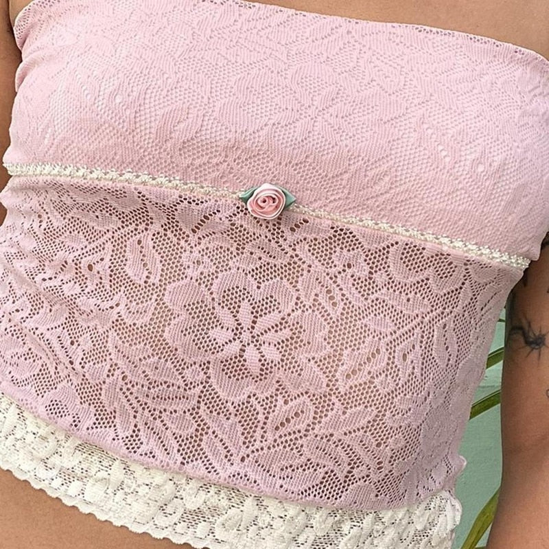 Maemukilabe Coquette Cute Pink Bandeau Tube Tops Fairycore Y2K Floral Lace Trim Strapless Crop Tops 90s Vintage Backless Camis