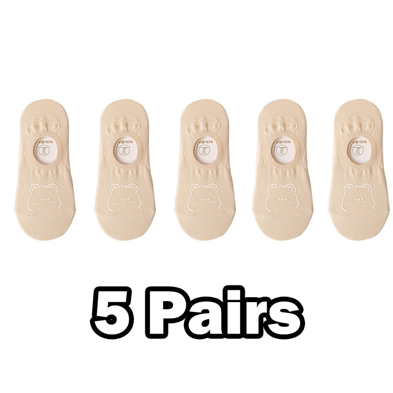 5 Pairs New Kawai Women Socks Summer Cute Japanese Fashion Cartoon Bear Funny Socks Soft Cotton Short Non-slip Invisible Socks
