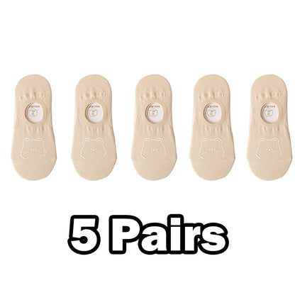 5 Pairs New Kawai Women Socks Summer Cute Japanese Fashion Cartoon Bear Funny Socks Soft Cotton Short Non-slip Invisible Socks