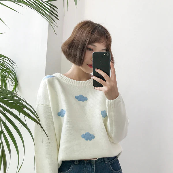 Dreamy Pastel Sky Knit Cloud Crewneck Sweater Float in Kawaii Bliss