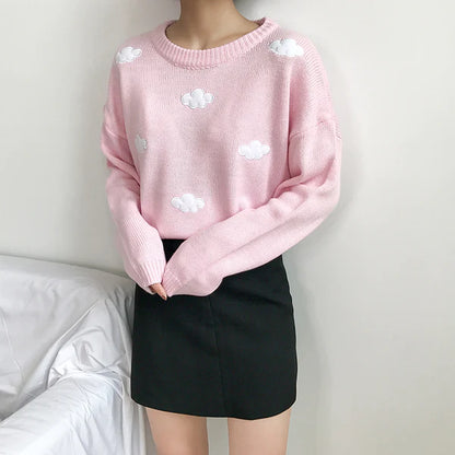 Dreamy Pastel Sky Knit Cloud Crewneck Sweater Float in Kawaii Bliss