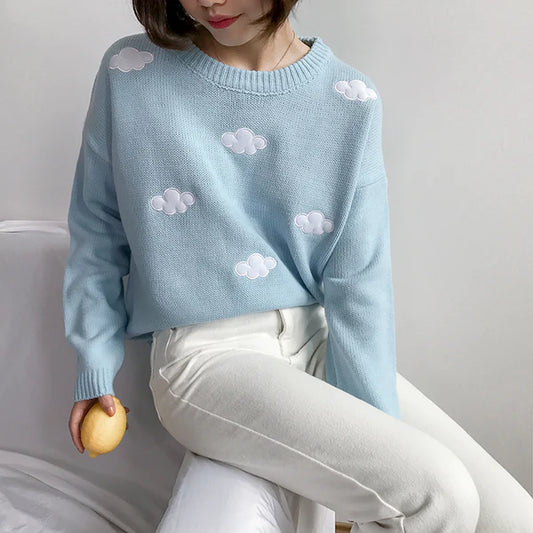 Dreamy Pastel Sky Knit Cloud Crewneck Sweater Float in Kawaii Bliss