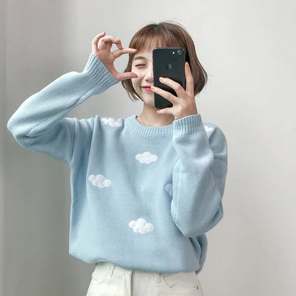 Dreamy Pastel Sky Knit Cloud Crewneck Sweater Float in Kawaii Bliss