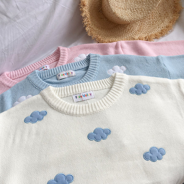 Dreamy Pastel Sky Knit Cloud Crewneck Sweater Float in Kawaii Bliss