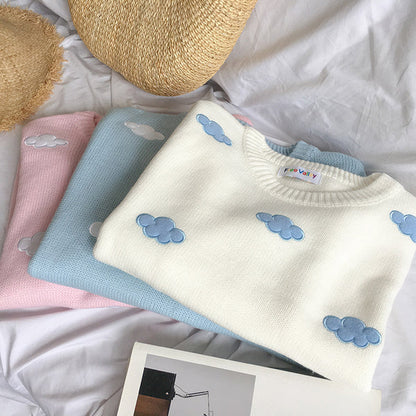 Dreamy Pastel Sky Knit Cloud Crewneck Sweater Float in Kawaii Bliss