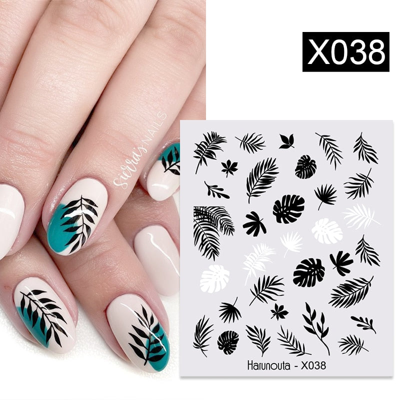 Harunouta Black Lines Flower Leaves Water Decals Stickers Floral Face Marble Pattern Slider For Nails Summer Nail Art Decoration