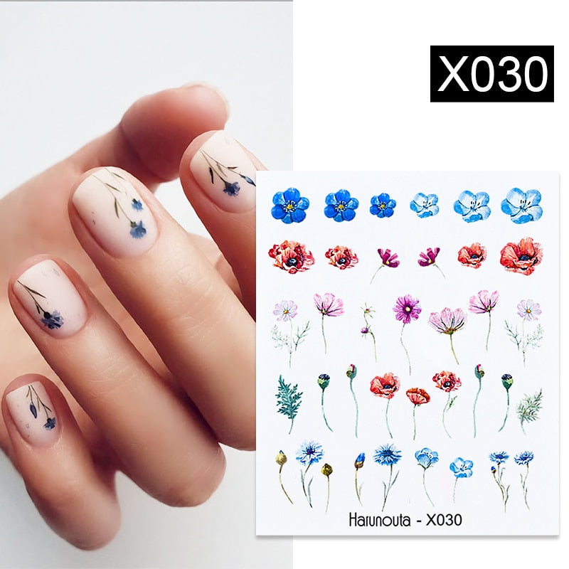 Harunouta Black Lines Flower Leaves Water Decals Stickers Floral Face Marble Pattern Slider For Nails Summer Nail Art Decoration