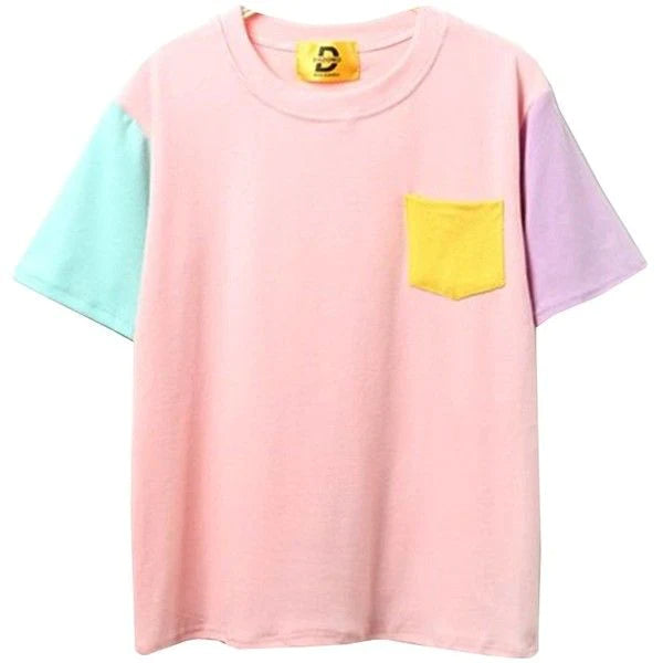 Vibrant Color Delight Pastel Patchwork Tee Trendy Women's Kawaii T-Shirt