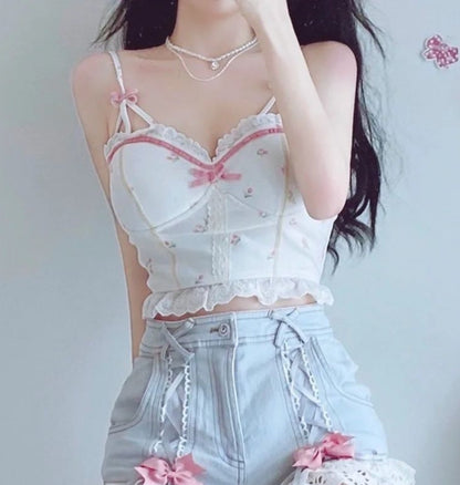 Exquisite Floral Print Bustier Lace Crop Top Flower Cami Mesmerizing Elegance