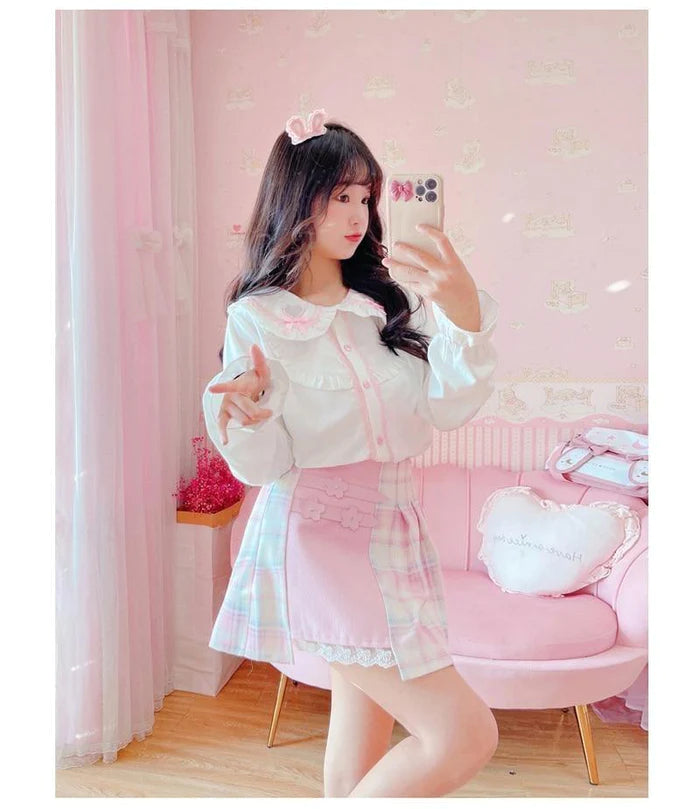 Candy Colored Plaid Pink Flower Women Lolita Skirt Lavender Pastel Beauty