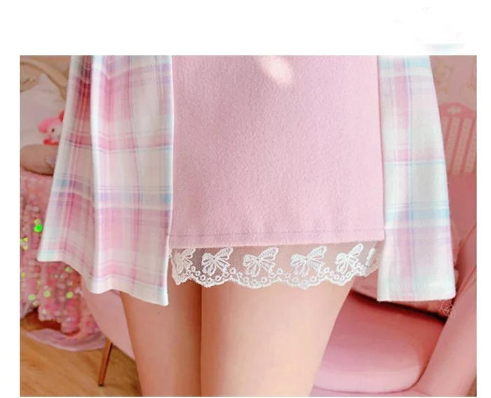 Candy Colored Plaid Pink Flower Women Lolita Skirt Lavender Pastel Beauty