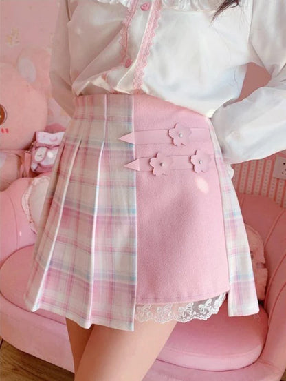 Candy Colored Plaid Pink Flower Women Lolita Skirt Lavender Pastel Beauty