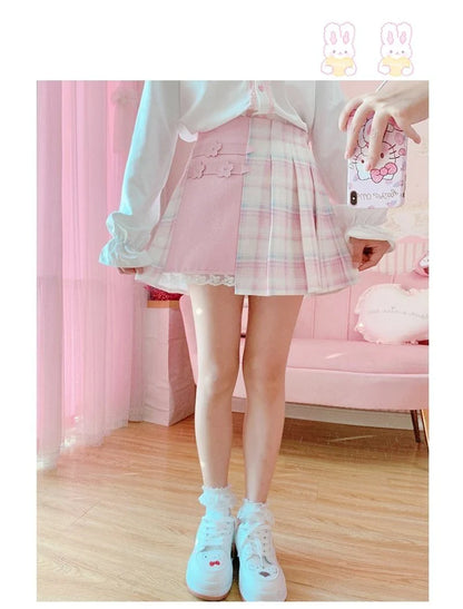 Candy Colored Plaid Pink Flower Women Lolita Skirt Lavender Pastel Beauty