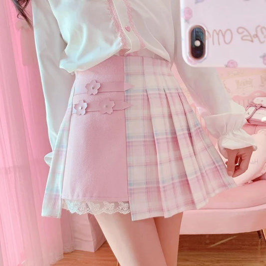 Candy Colored Plaid Pink Flower Women Lolita Skirt Lavender Pastel Beauty