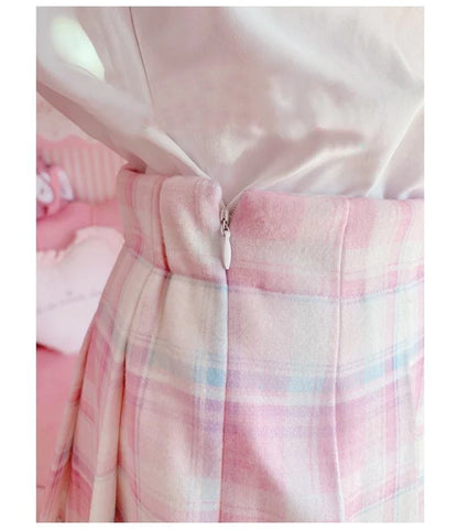 Candy Colored Plaid Pink Flower Women Lolita Skirt Lavender Pastel Beauty