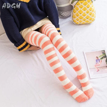 Adorable & Soft Fuzzy Thigh High Striped Stockings Cute Kawaii Fashion