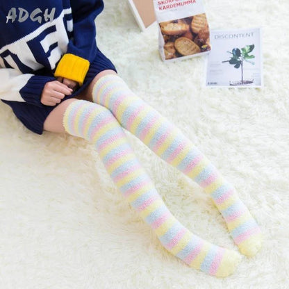 Adorable & Soft Fuzzy Thigh High Striped Stockings Cute Kawaii Fashion