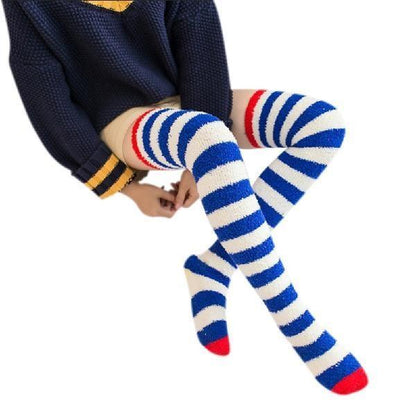 Adorable & Soft Fuzzy Thigh High Striped Stockings Cute Kawaii Fashion