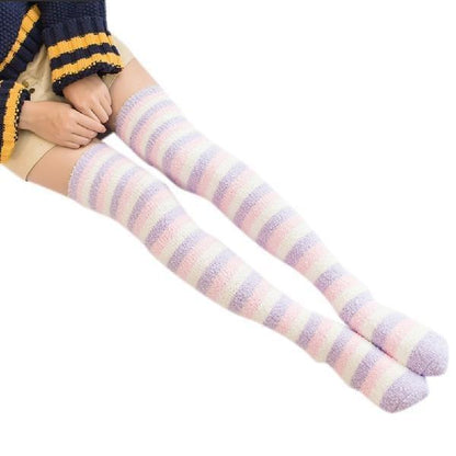 Adorable & Soft Fuzzy Thigh High Striped Stockings Cute Kawaii Fashion