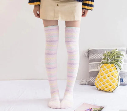 Adorable & Soft Fuzzy Thigh High Striped Stockings Cute Kawaii Fashion