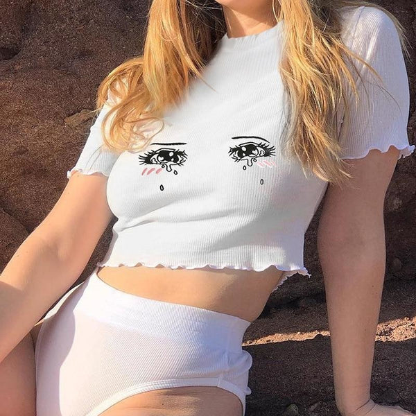 Sad Eyes Anime Girl Women's Crop Top Cute Ruffled Sleeves Limited Stock