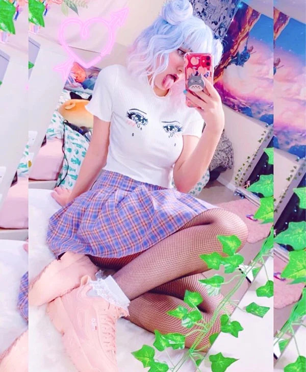 Sad Eyes Anime Girl Women's Crop Top Cute Ruffled Sleeves Limited Stock