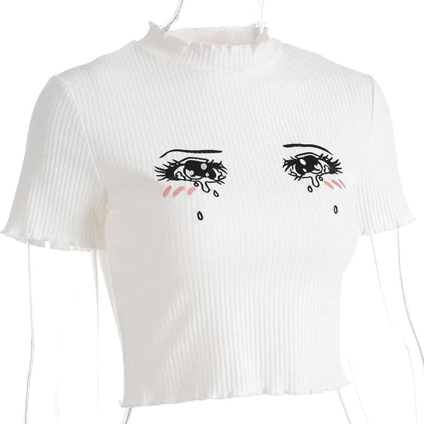 Sad Eyes Anime Girl Women's Crop Top Cute Ruffled Sleeves Limited Stock