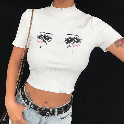 Sad Eyes Anime Girl Women's Crop Top Cute Ruffled Sleeves Limited Stock