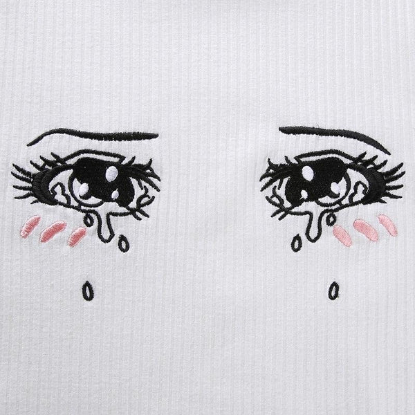 Sad Eyes Anime Girl Women's Crop Top Cute Ruffled Sleeves Limited Stock