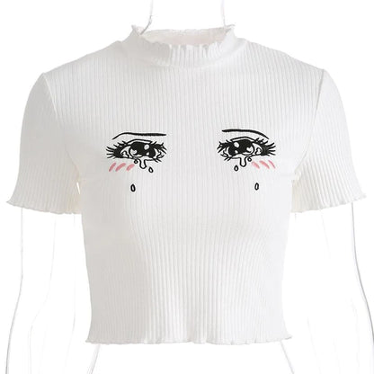 Sad Eyes Anime Girl Women's Crop Top Cute Ruffled Sleeves Limited Stock