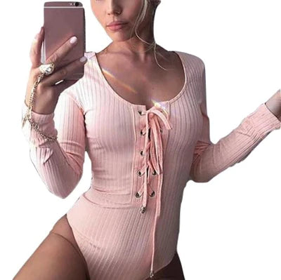 Elegant Lace-Up Cotton Bodysuit Womens Luxurious Texture 4 Colors