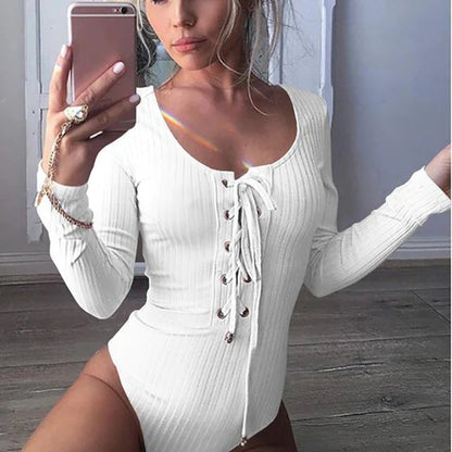 Elegant Lace-Up Cotton Bodysuit Womens Luxurious Texture 4 Colors