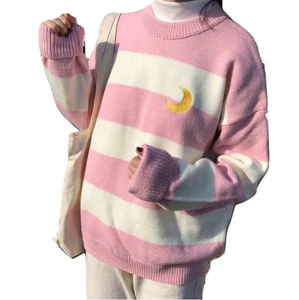 Cozy Sailor Moon Knit Striped Crewneck Sweater Be a Magical Girl