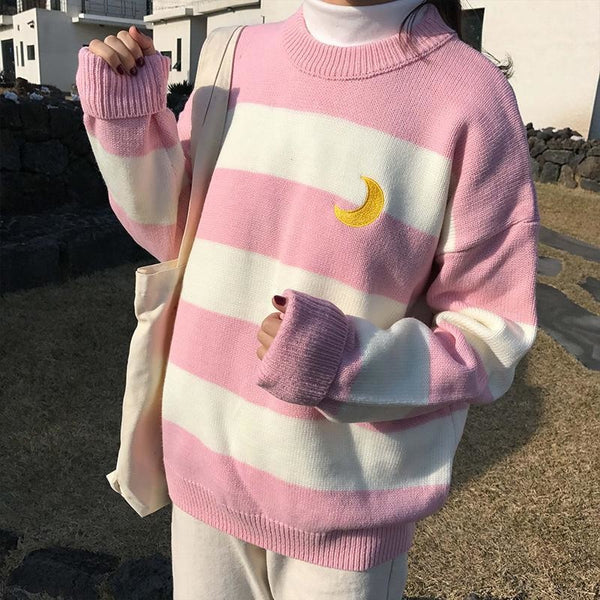 Cozy Sailor Moon Knit Striped Crewneck Sweater Be a Magical Girl