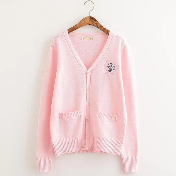 Pastel Kawaii Cardigan Charming Embroidered Badge Cute Knit Sweater