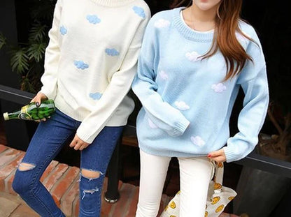 Dreamy Pastel Sky Knit Cloud Crewneck Sweater Float in Kawaii Bliss