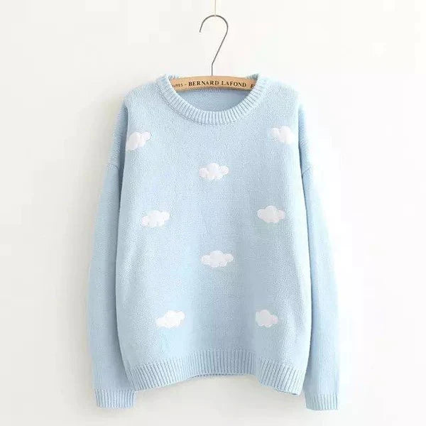 Dreamy Pastel Sky Knit Cloud Crewneck Sweater Float in Kawaii Bliss