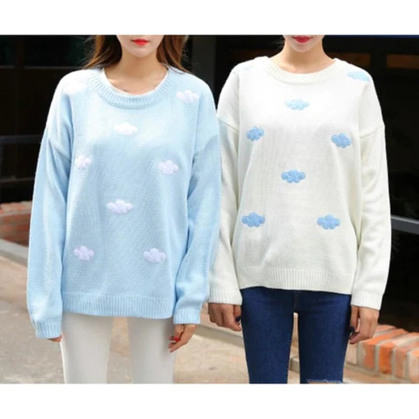 Dreamy Pastel Sky Knit Cloud Crewneck Sweater Float in Kawaii Bliss