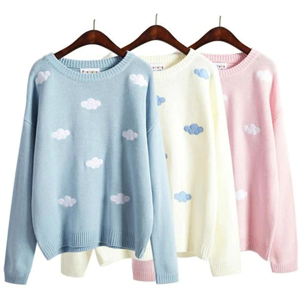 Dreamy Pastel Sky Knit Cloud Crewneck Sweater Float in Kawaii Bliss