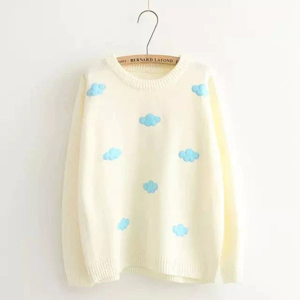 Dreamy Pastel Sky Knit Cloud Crewneck Sweater Float in Kawaii Bliss