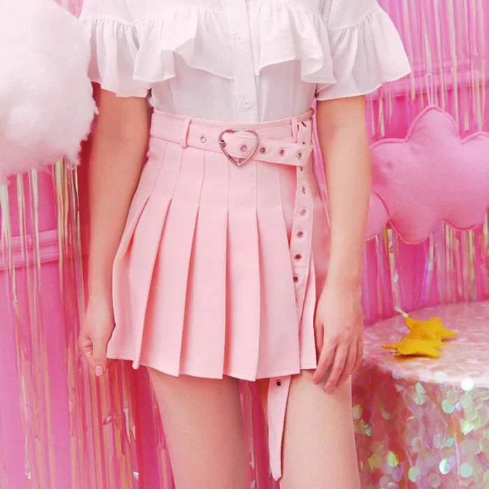 Twirl-Ready Pleated Women's Skirt Kawaii Elegance Belt & Cute Heart Buckle