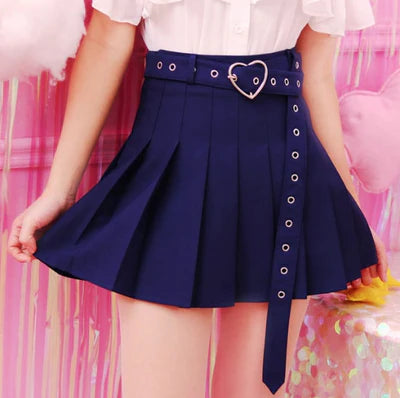 Twirl-Ready Pleated Women's Skirt Kawaii Elegance Belt & Cute Heart Buckle