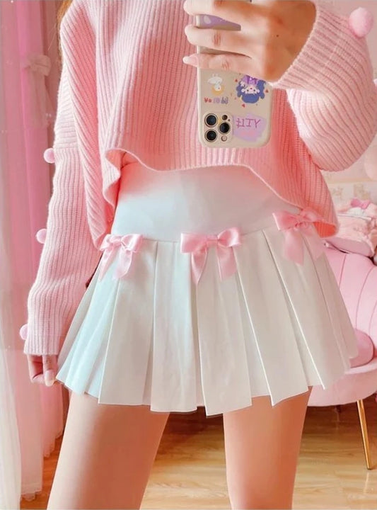 Sweet Pink & White Ribbon Women's Kawaii School Girl Tennis Skirt