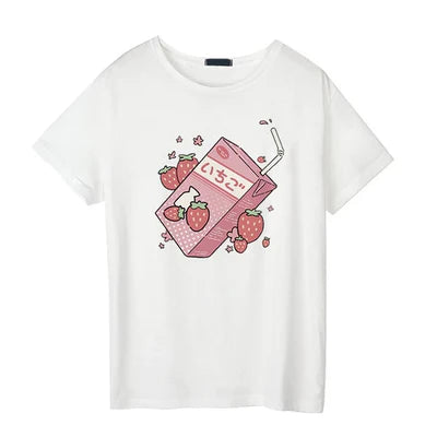 Unleash Your Inner Kawaii Cutie with Women's Strawberry Milk Graphic Tee