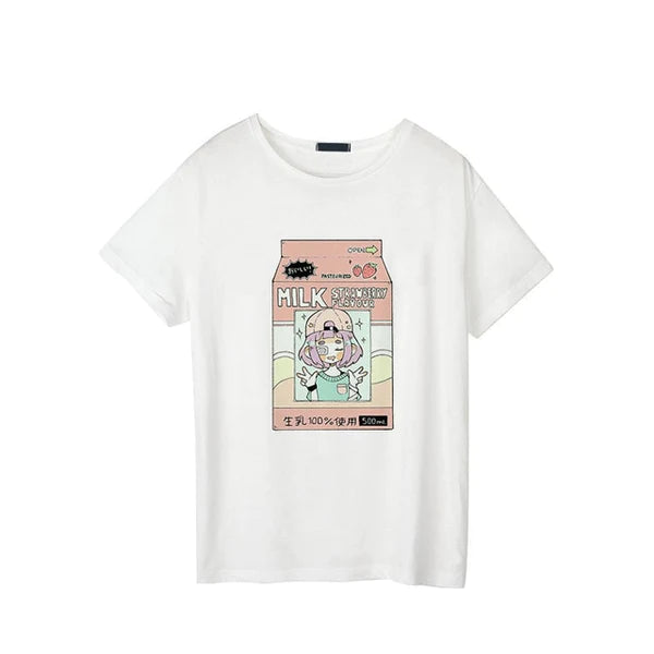 Unleash Your Inner Kawaii Cutie with Women's Strawberry Milk Graphic Tee