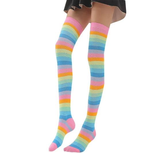 Milky Pastel Rainbow Striped Thigh High Socks Women's Kawaii Fashion Statement