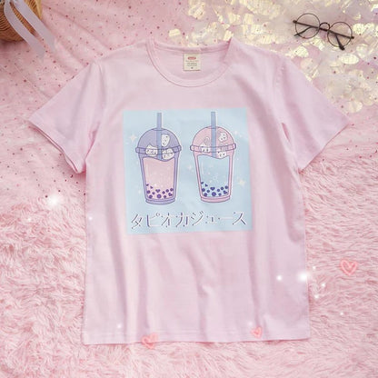 Adorable Milky Pink Boba Tea Women T-Shirt Kawaii Kittens & Bunnies