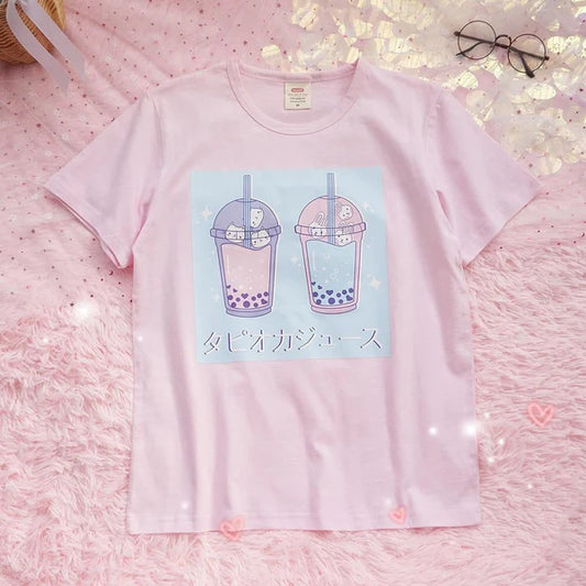 Adorable Milky Pink Boba Tea Women T-Shirt Kawaii Kittens & Bunnies