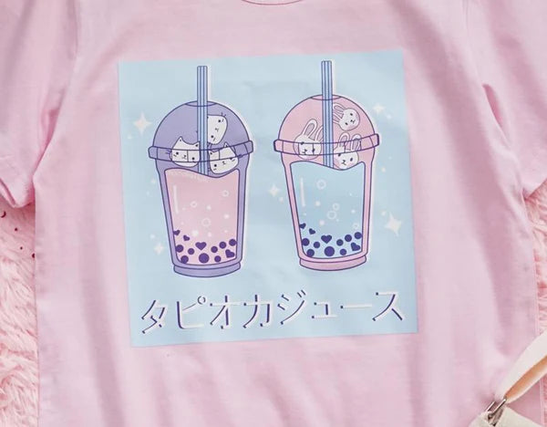 Adorable Milky Pink Boba Tea Women T-Shirt Kawaii Kittens & Bunnies